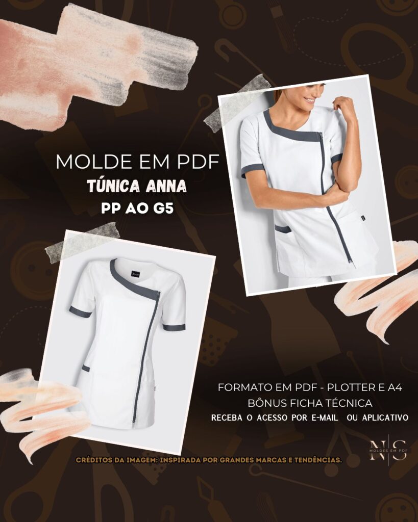 Molde em PDF - Túnica Anna (Uniforme Túnica Estilo Casual Decote em V Arredondado com Zíper Lateral Mangas Curtas 2 Bolsos Grandes e 1 Pequeno Acabamentos em Contraste Fendas Laterais)