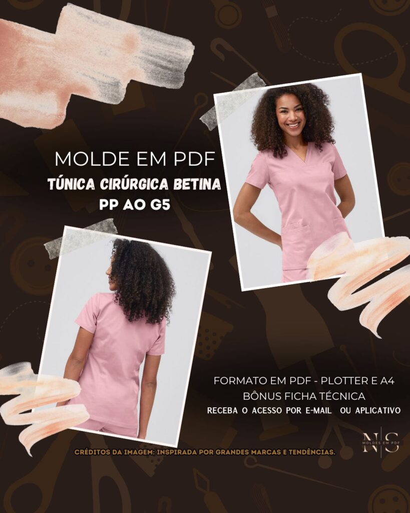 Molde em PDF - Túnica Cirúrgica Betina (Uniforme Túnica Estilo Casual Decote em V Mangas Curtas Bolso no Peito na Costura 2 Bolsos Grandes Laterais com 1 Bolso Pequeno Interno Fendas Laterais)