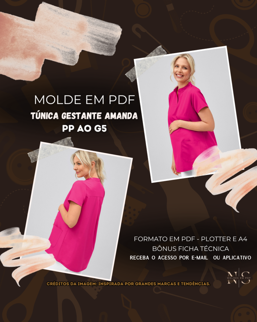 Molde em PDF - Túnica Gestante Amanda (Uniforme Túnica Estilo Casual Mangas Curtas Gola Padre Bolsos Frontais)