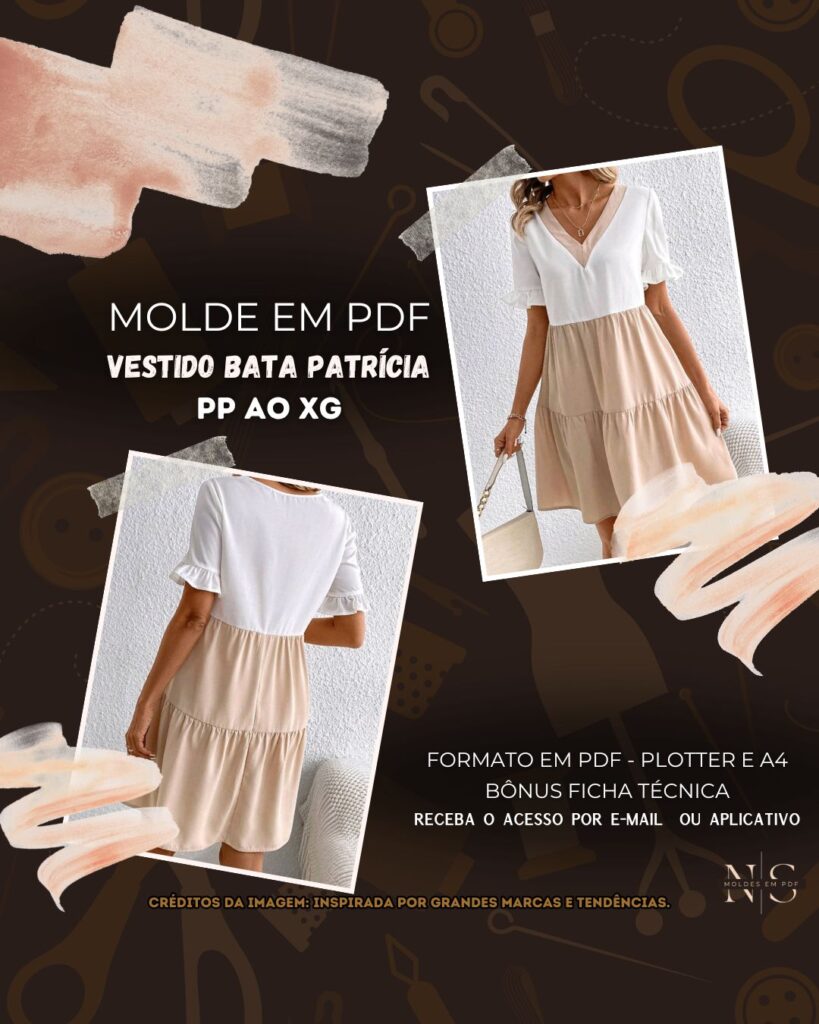 Vestido Bata Patrícia (Vestido Estilo Casual Bainha com 2 Babados Decote em V Manga Curta com Babado Cintura Alta)