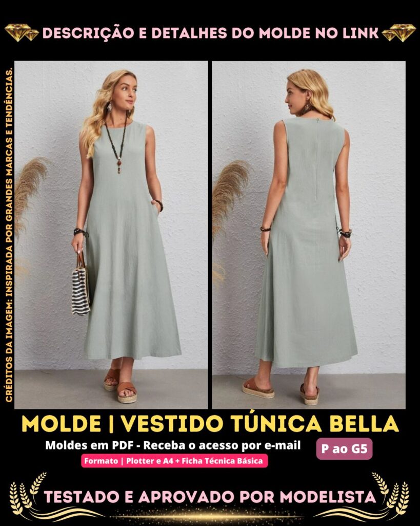 Molde em PDF - Vestido Túnica Bella (Vestido Túnica Estilo Casual Sem Mangas Longo com Bolso)⁣