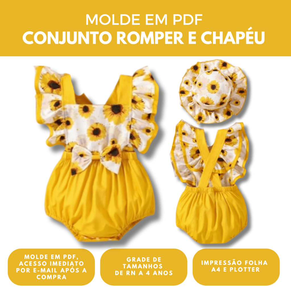 Molde conjunto romper + chapéu grade de RN a 4 anos