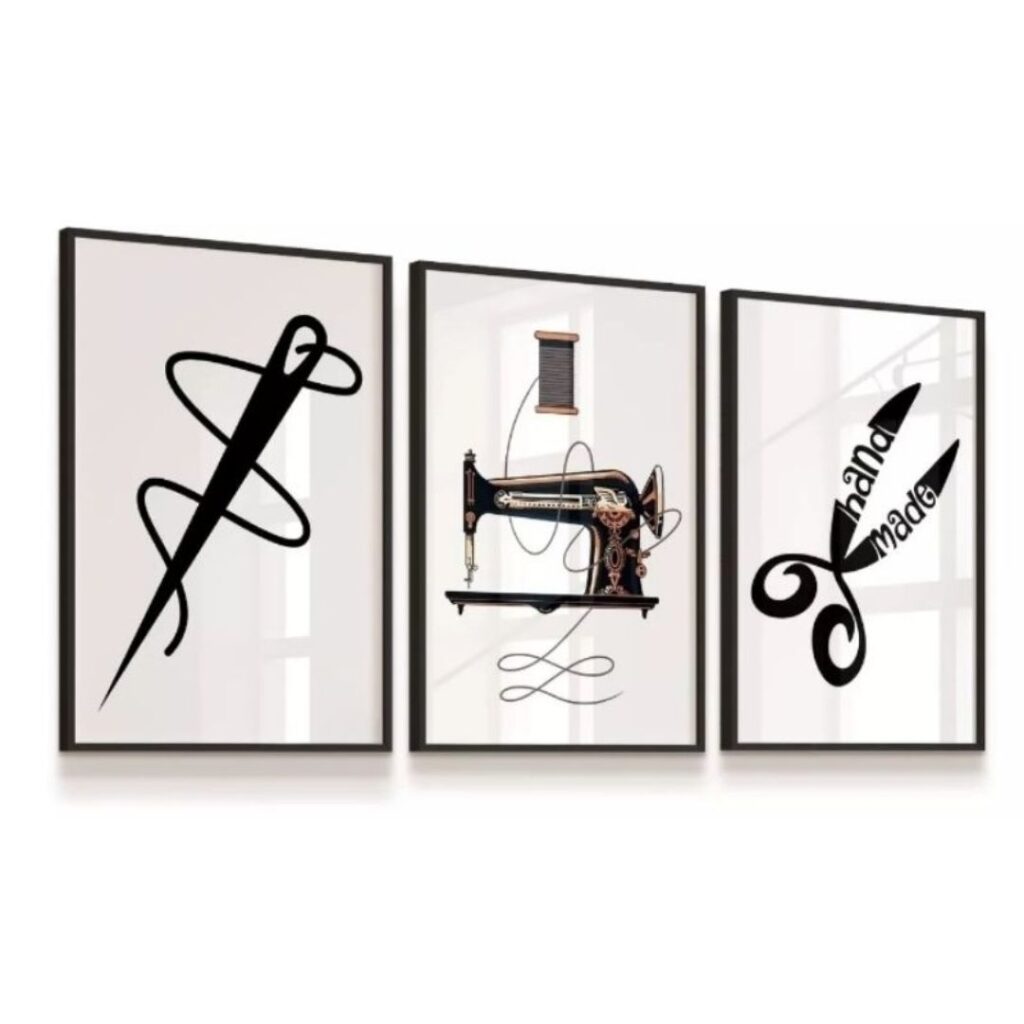 Quadro Decorativo 3 Peças 40x60 Costura Linha Tesoura Máquina De Costura Sala COSTUREIRA