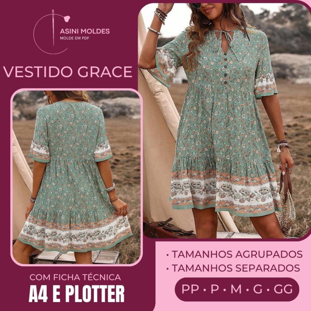 VESTIDO GRACE - Molde em PDF [ MOLDES SEPARADOS POR TAMANHO ]