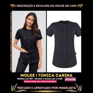 Molde em PDF - Túnica Carina (Uniforme Túnica Estilo Casual Gola Redonda Levemente Alta Mangas Curtas Fecho com Botões de Pressão 2 Bolsos Laterais Grandes Fendas na Lateral)