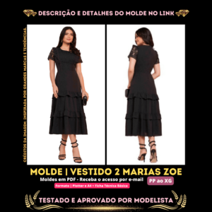 Molde em PDF - Vestido 2 Marias Zoe (Vestido Estilo Casual Gola Quadrada com Manga Curta e Saia 2 Marias com Zíper nas Costas)