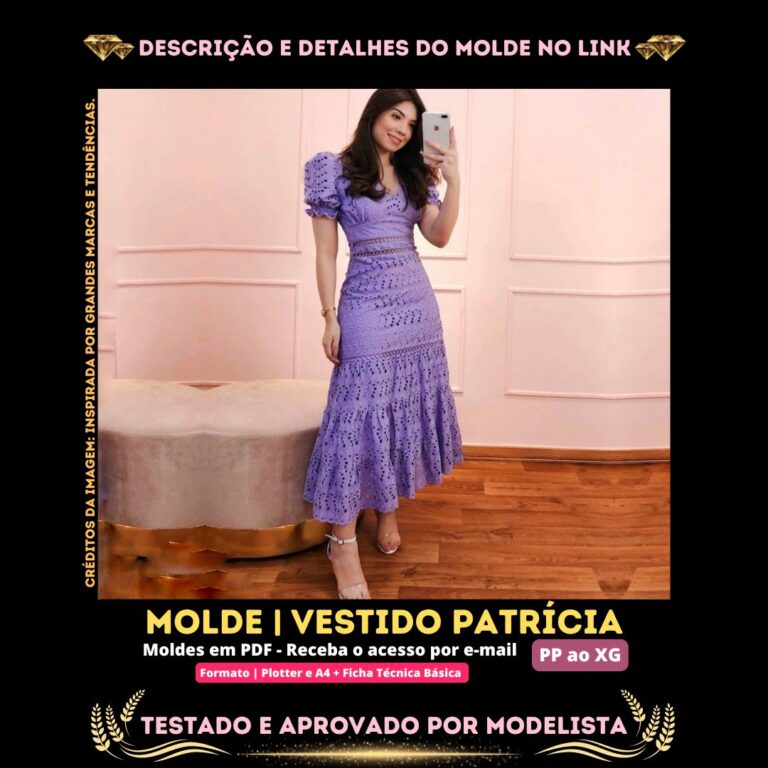 Molde em PDF - Vestido Patrícia (Vestido Estilo Casual em Laise com Manga)⁣