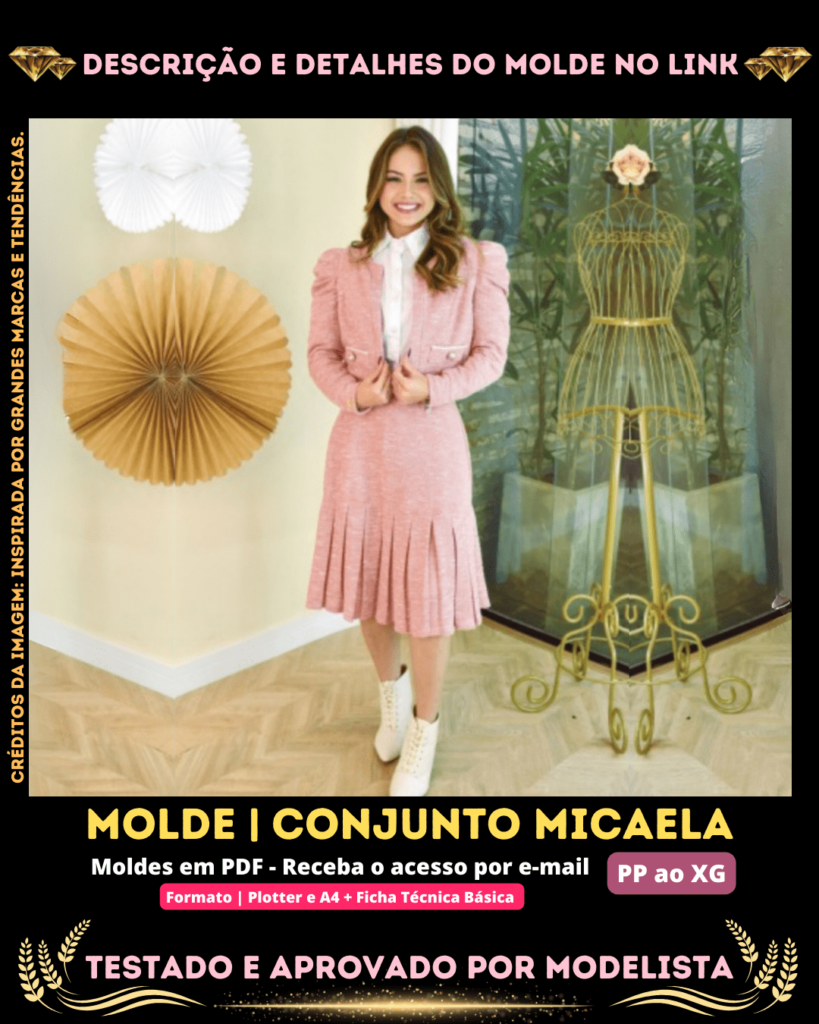 Molde em PDF - Conjunto Micaela (Conjunto Estilo Casual Casaqueto Manga Comprida Princesa Lapelas e Botões na Frente e Saia Midi com Barra Pregueada Zíper Atrás)