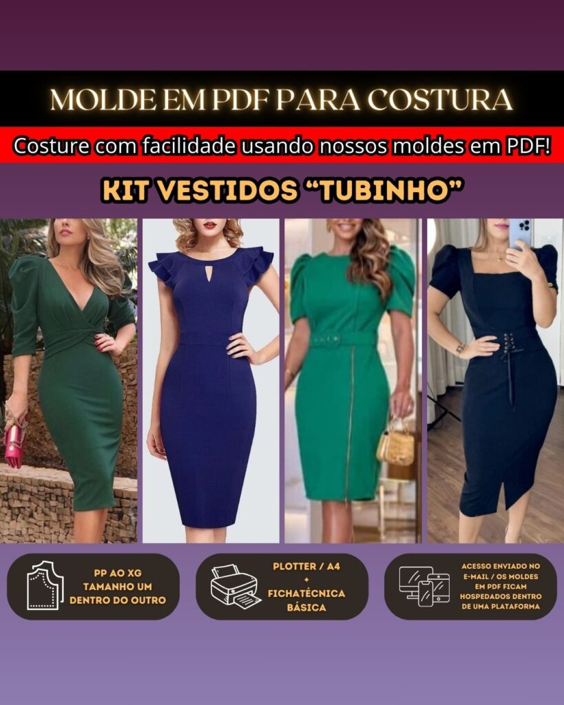 Molde em PDF - Kit Mulheres Poderosas com 4 Vestidos Tubinho