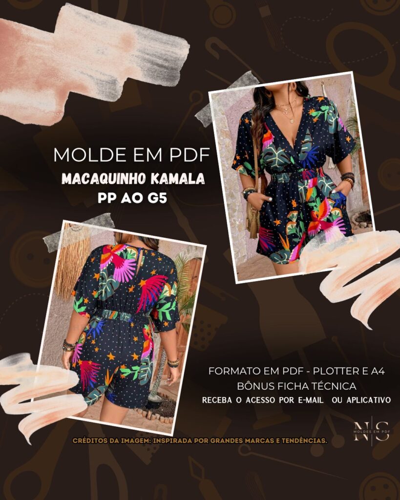 Molde em PDF - Macaquinho Kamala (Macaquinho Estilo Casual Decote em V Profundo Transpassada Cintura com Elastex Bolsos Frontais Parte Traseira com Fechamento por Botão na Altura da Nuca Manga Curta Japonesa)