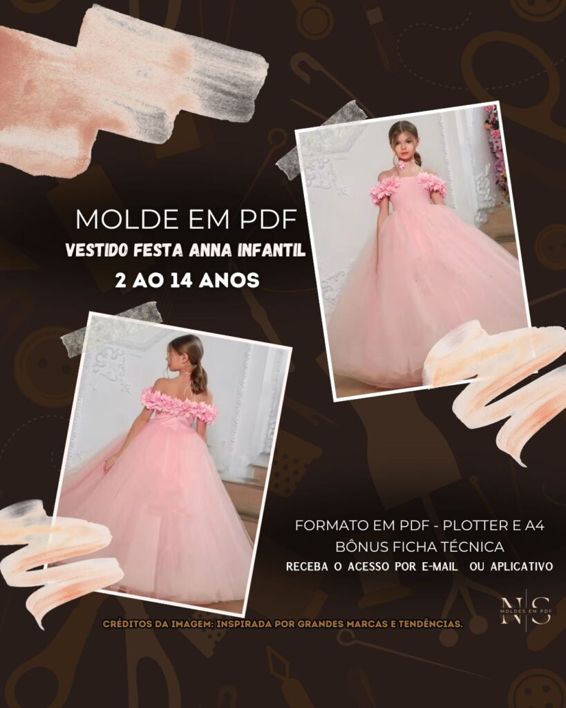 Molde em PDF - Vestido Festa Anna Infantil (Vestido Estilo Festa Ombro a Ombro Fechamento com Zíper Atrás Saia em Camadas Tule)