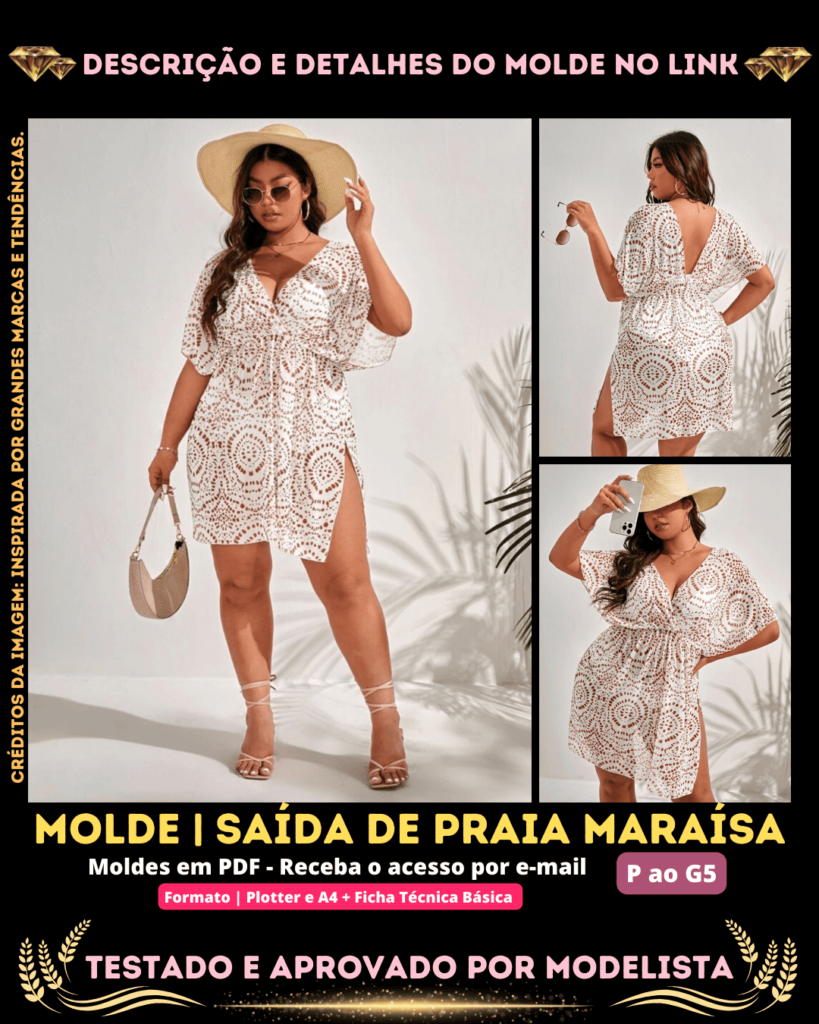 Molde em PDF - Saída de Praia Maraísa (Saída de Praia Estilo Casual Decote em V na Frente e Costas Transpassado no Busto Mangas Japonesa com Fenda na Lateral)