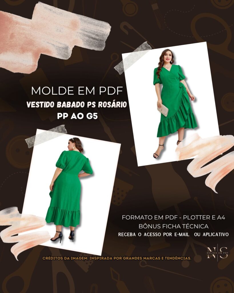 Molde em PDF - Vestido Babado PS Rosário (Vestido Estilo Casual Midi com Babado Lateral e Barra Assimétrica Manga Bufante Curta Decote Transpassado em V)