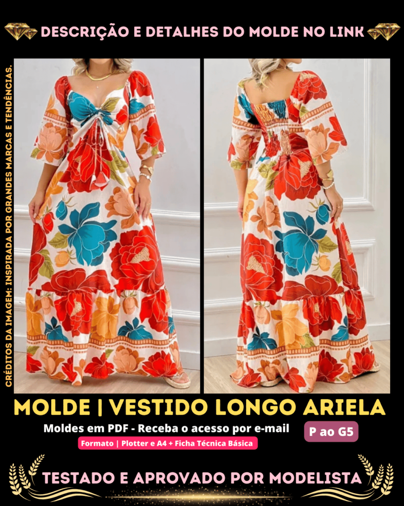 Molde em PDF - Vestido Longo Ariela (Vestido Estilo Casual Longo Decote Coração Manga 3/4 Elastex nas Costas com Babado)