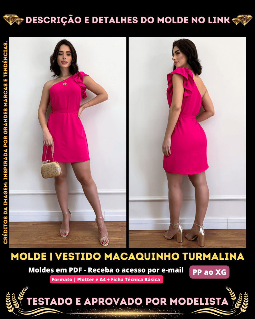 Molde em PDF - Vestido Macaquinho Turmalina (Vestido Macaquinho Estilo Casual Ombro Único com Babado, Cinto Faixa e Zíper na Lateral)⁣