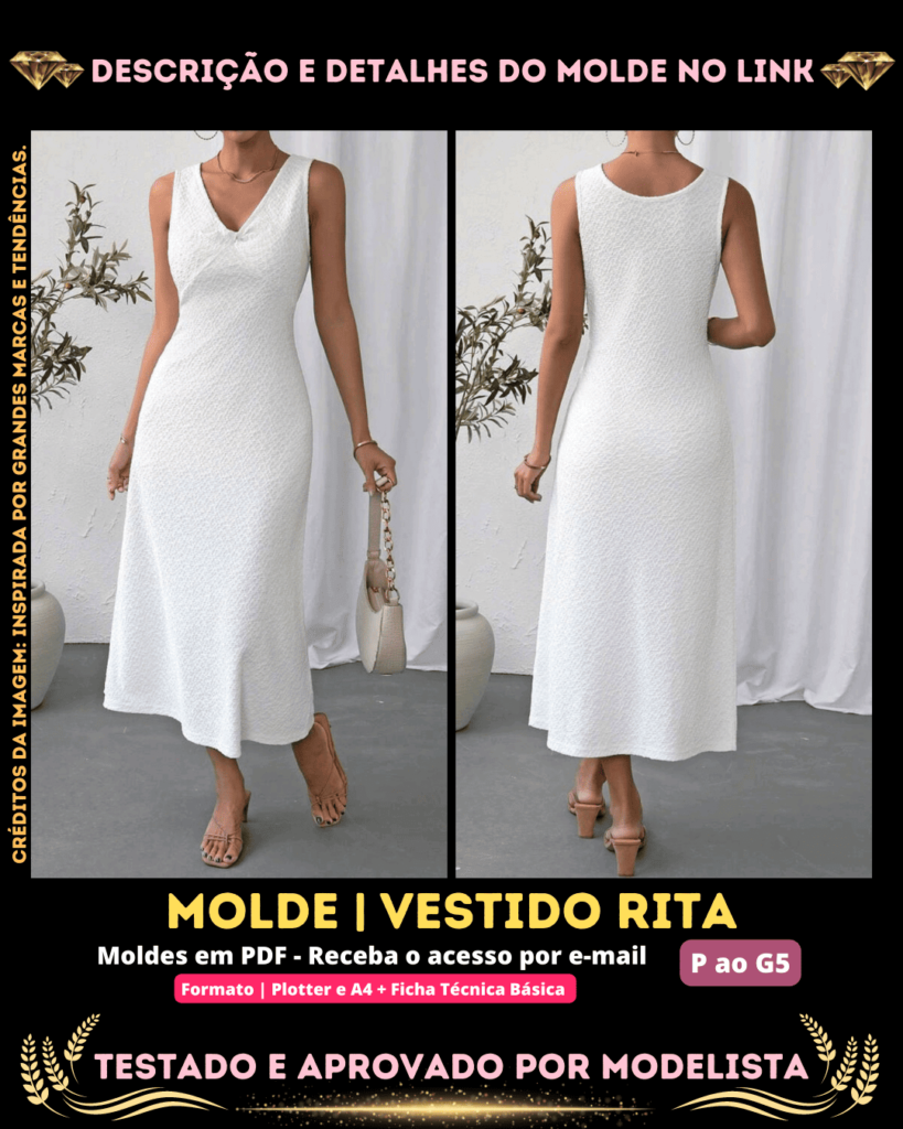 Molde em PDF - Vestido Rita (Vestido Estilo Casual Decote em V sem Mangas Comprimento Midi)