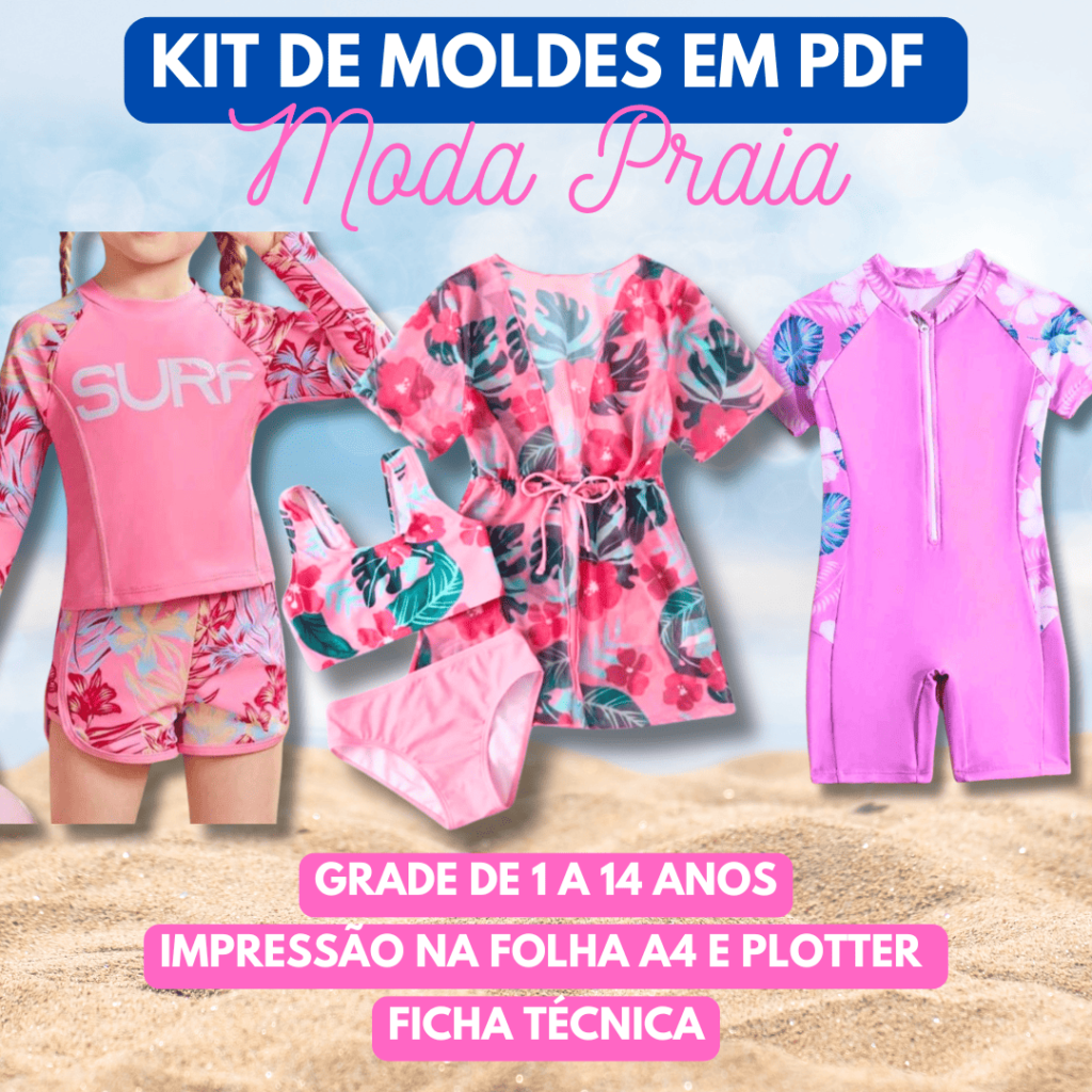 KIT DE MOLDES MODA PRAIA INFANTIL - GRADE DE 1 A 14 ANOS