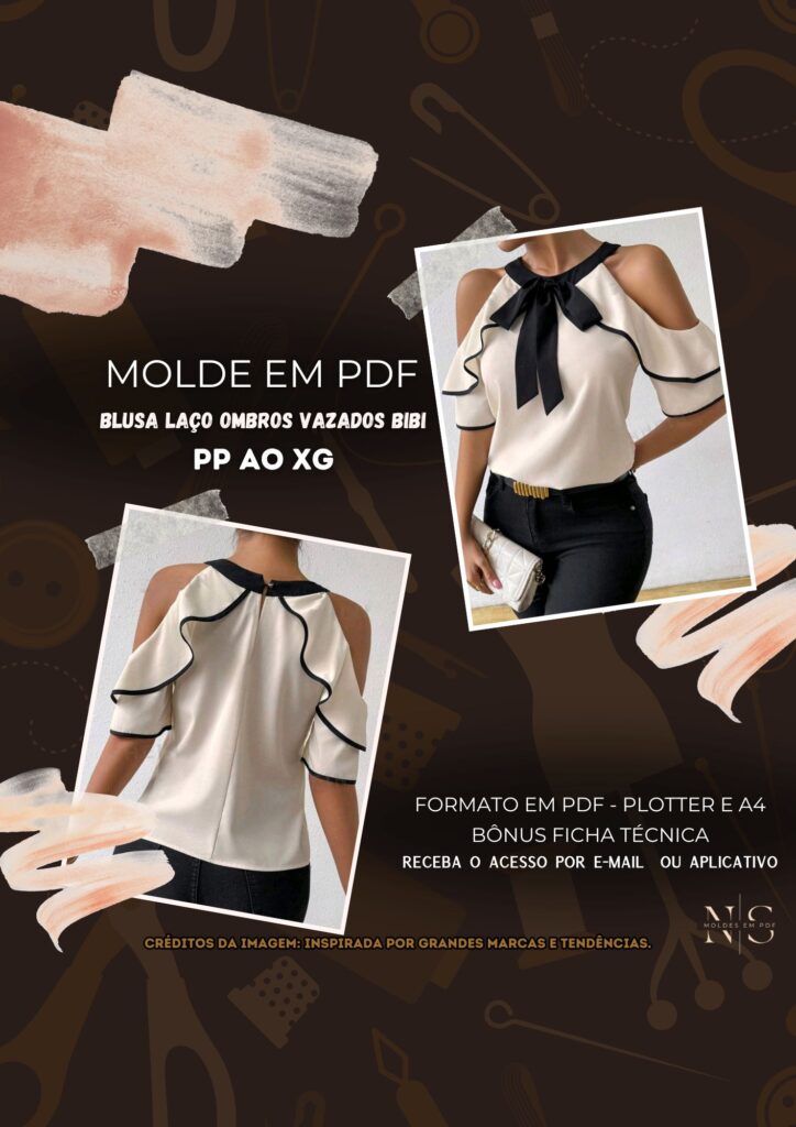 Molde em PDF - Blusa Laço Ombros Vazados Bibi (Blusa Estilo Casual Decote Fechado e Laço Frontal Mangas Curtas com Ombros à mostra Detalhe de Babado)