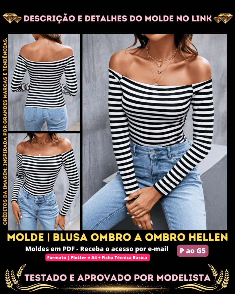 Molde em PDF - Blusa Ombro à Ombro Hellen (Blusa Estilo Casual Gola Ombro À Ombro Manga Longa)