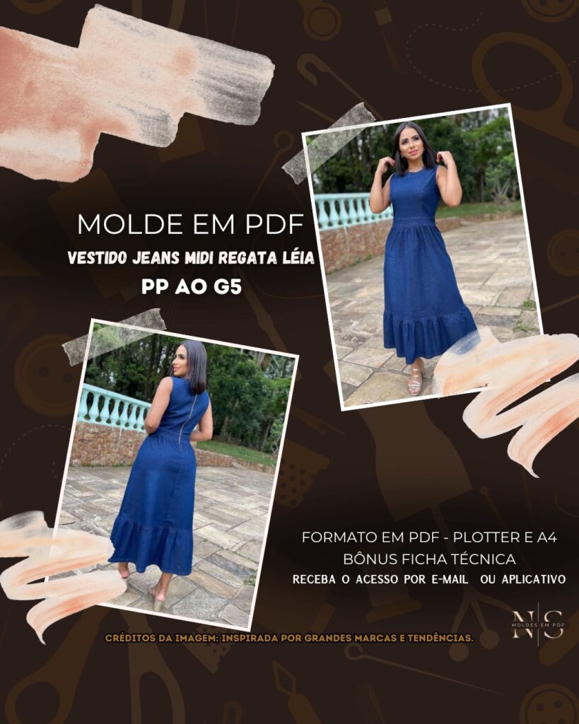 Molde em PDF - Vestido Jeans Midi Regata Léia (Vestido Estilo Casual Midi Evasê Regata Gola Redonda Sem Mangas Zíper Invisível nas Costas)