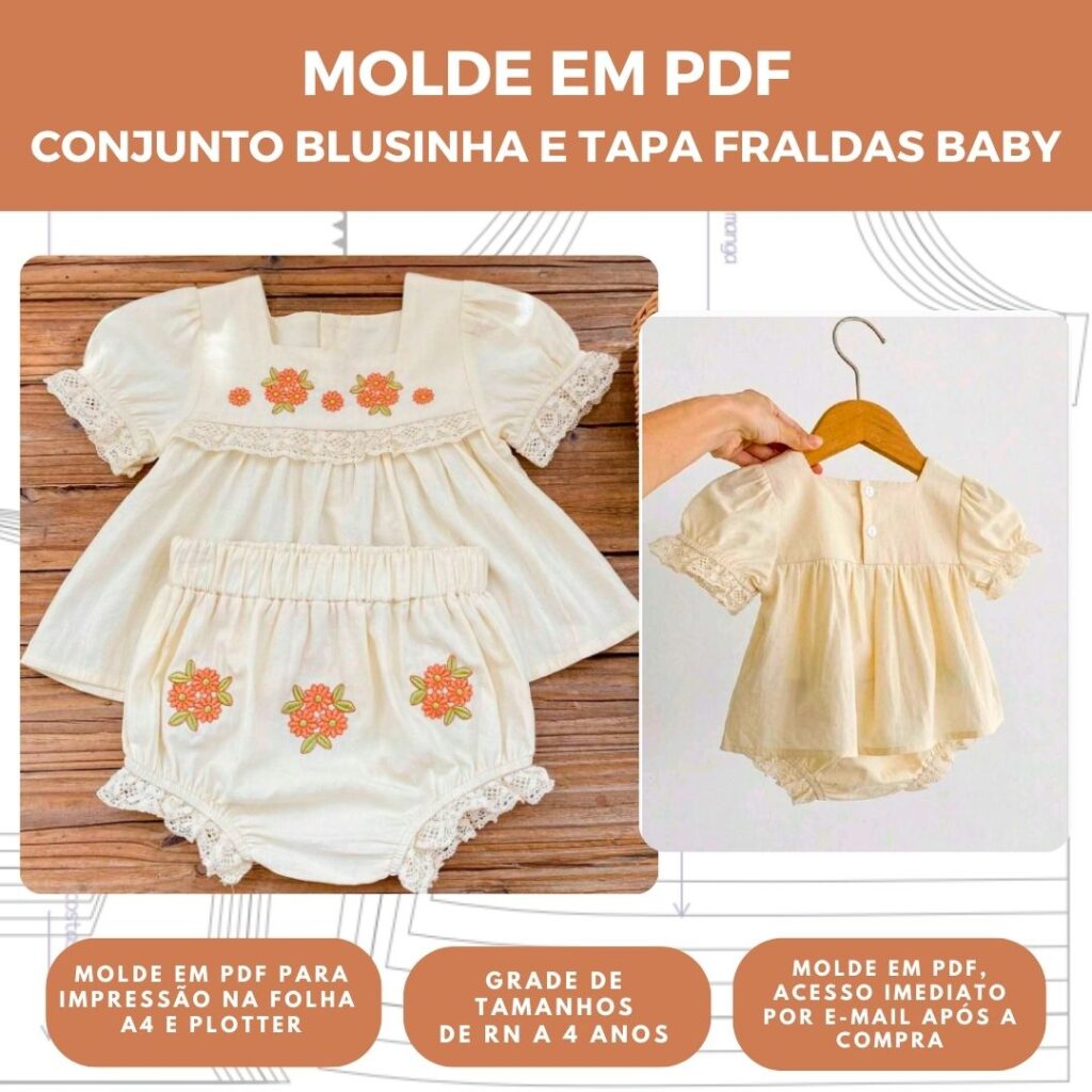 MOLDE CONJUNTO BATA E TAPA FRALDA BABY - GRADE RN A 4 ANOS