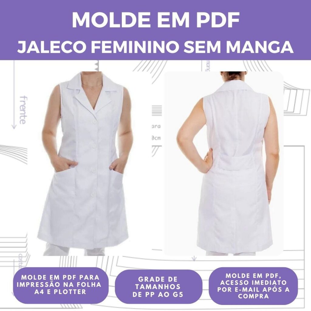 MOLDE JALECO SEM MANGA FEMININO REF 1618 - GRADE PP AO G5