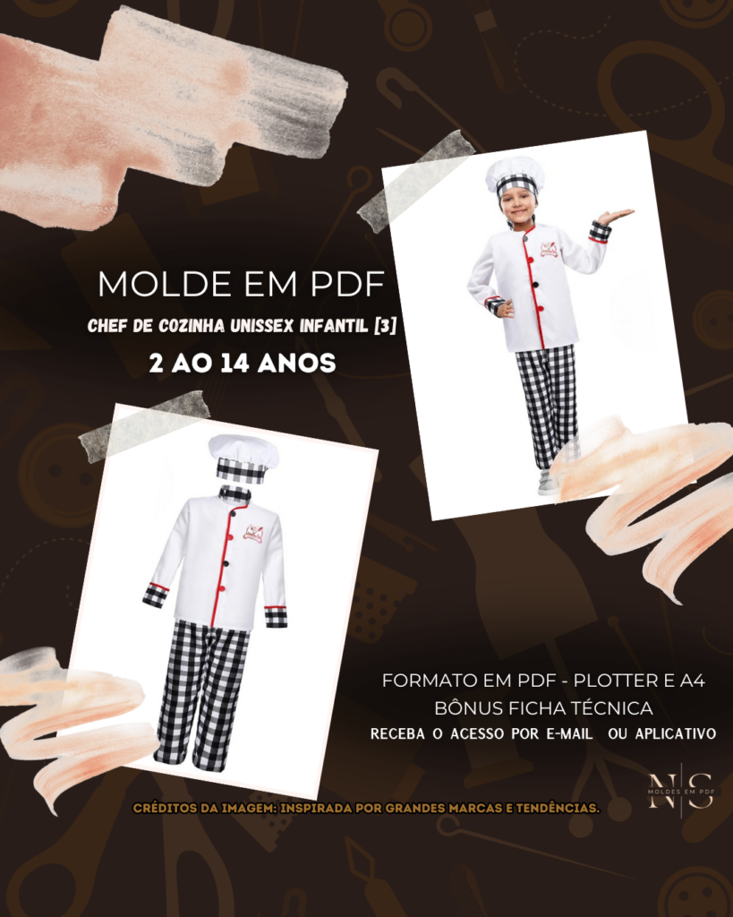 Molde em PDF - Chef de Cozinha Unissex Infantil [3] (Conjunto Estilo Profissional com Dólmã Gola Mandarim Abotoamento Frontal Mangas Longas Calça Reta Touca)