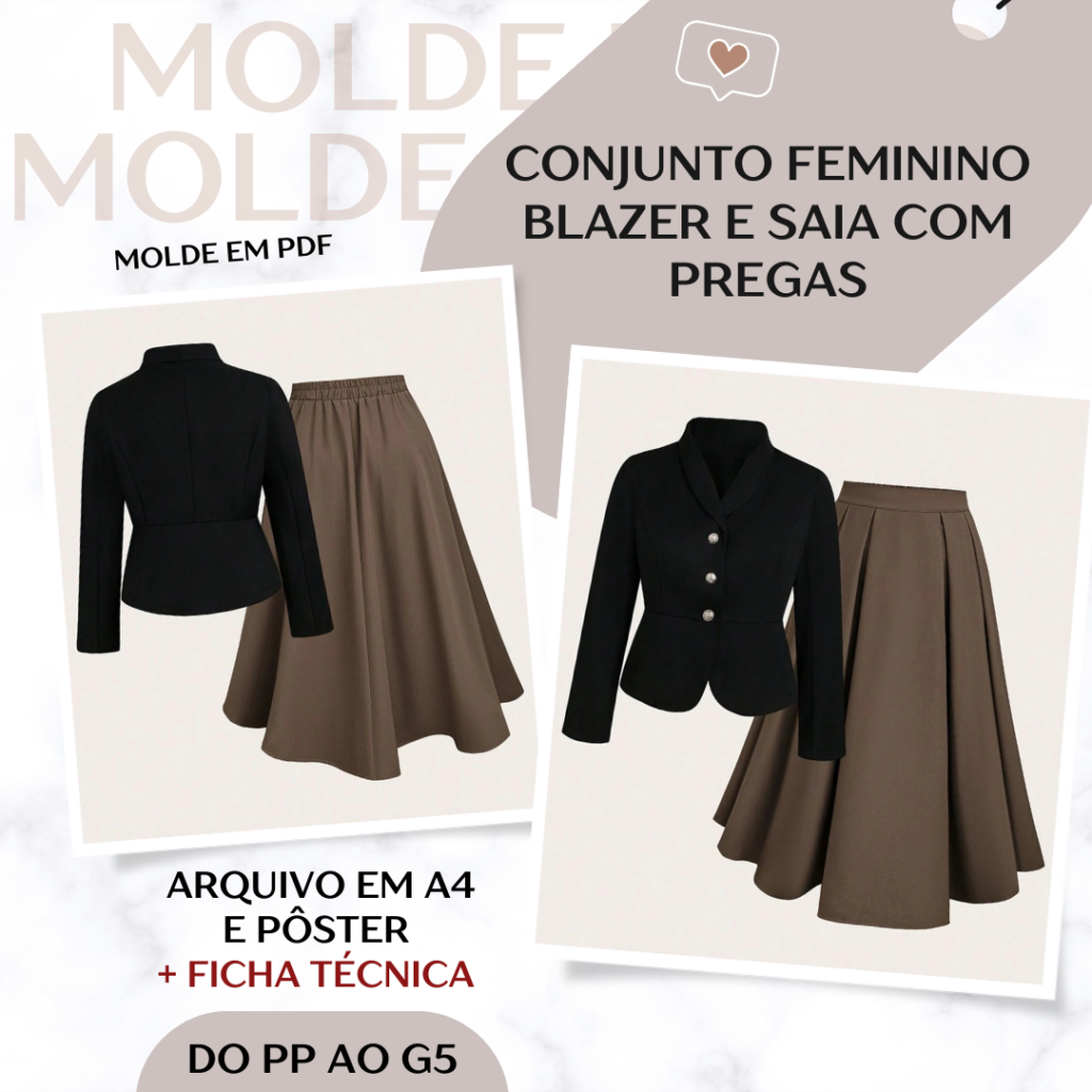 Conjunto Feminino | Blazer e Saia com Pregas - Molde em PDF