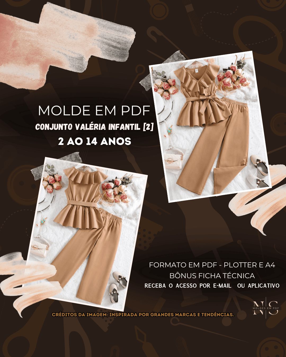 Molde em PDF - Conjunto Valéria Infantil [2] (Conjunto Infantil Estilo Casual Elegante Blusa Sem Mangas Decote em V com Babado Franzido Cinto Faixa + Calça Reta com Cintura Elástica)