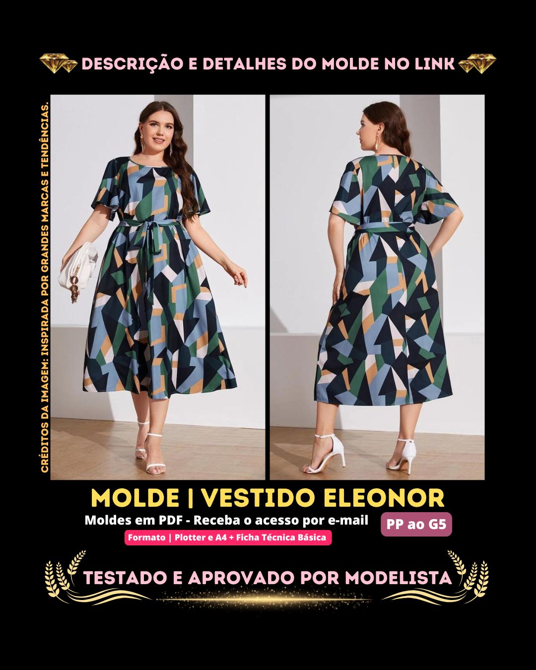 Molde em PDF - Vestido Eleonor (Vestido Túnica Estilo Casual Gola Colher com Cinto e Manga Borboleta)