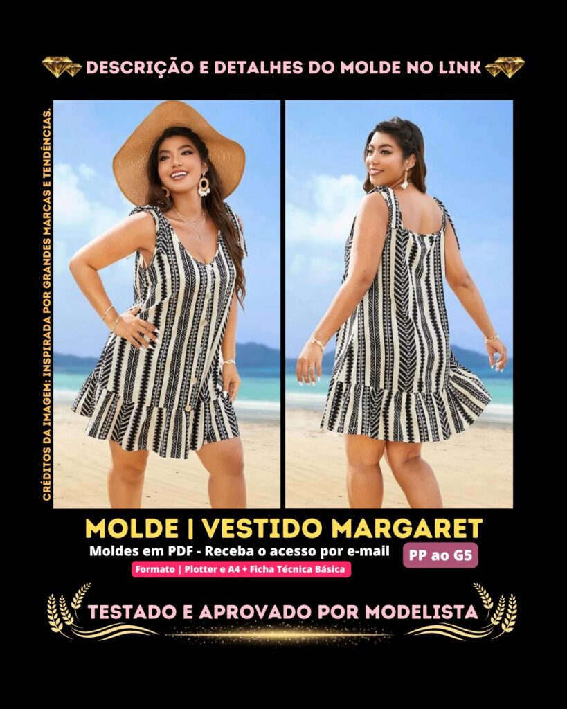 Molde em PDF - Vestido Margaret (Vestido Bata Estilo Boho Gola Colher, Sem Mangas, Bainha com Babado e Botões na Frente)
