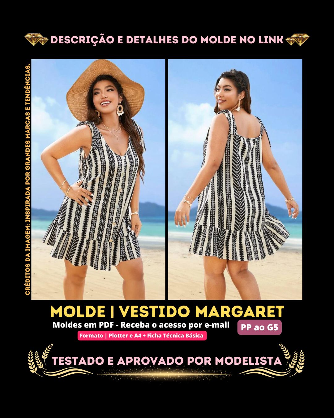 Molde em PDF - Vestido Margaret (Vestido Bata Estilo Boho Gola Colher, Sem Mangas, Bainha com Babado e Botões na Frente)