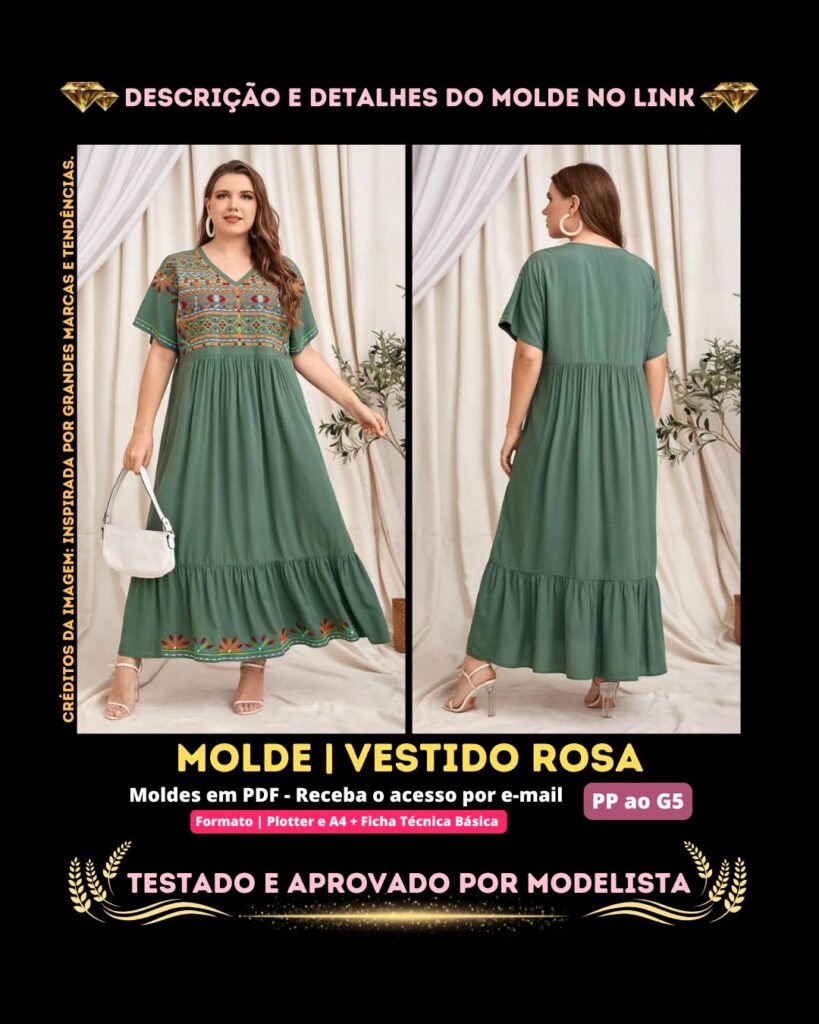 Molde em PDF - Vestido Rosa (Vestido Bata Estilo Conservador Gola V, Bainha com Babado e Manga Morcego)