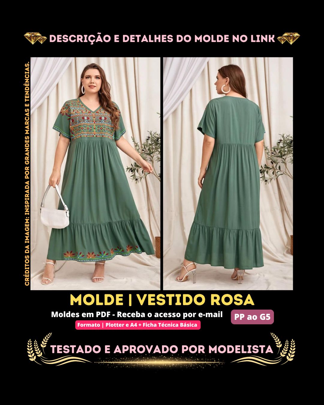 Molde em PDF - Vestido Rosa (Vestido Bata Estilo Conservador Gola V, Bainha com Babado e Manga Morcego)