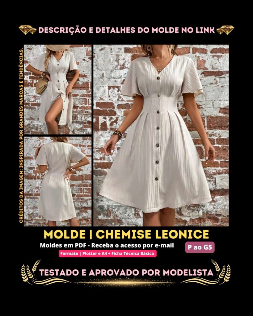 Molde em PDF - Chemise Leonice (Chemise Estilo Casual Midi Decote em V Manga Curta Sino com Pregas na Cintura e Botões na Frente)
