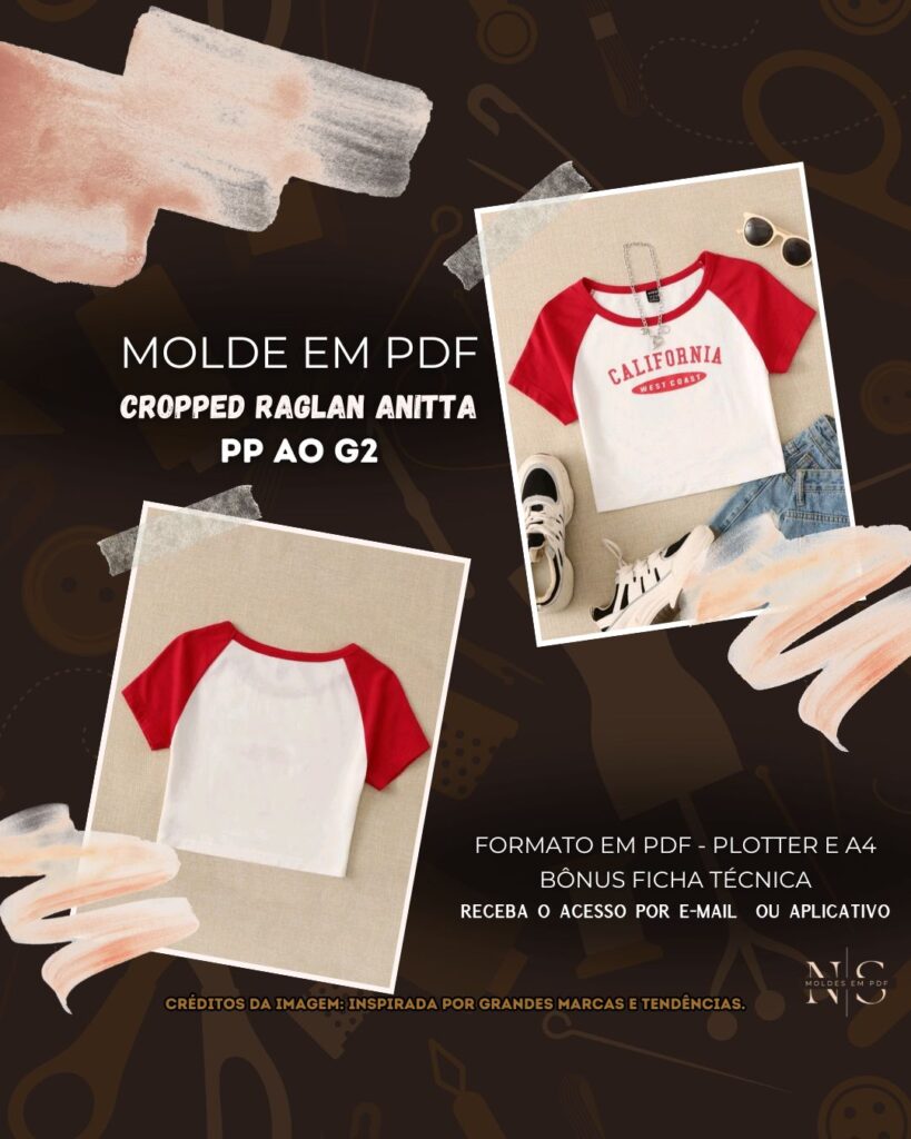 Molde em PDF - Cropped Raglan Anitta (Cropped Estilo Esportivo Mangas Curtas Raglan Gola Redonda Barra Reta)