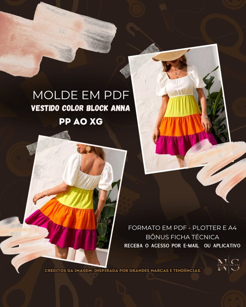 Molde em PDF - Vestido Color Block Anna (Vestido Estilo Casual Curto Decote Quadrado Mangas Curtas Bufantes Cintura Marcada com Elástico e Saia em Camadas Franzidas)