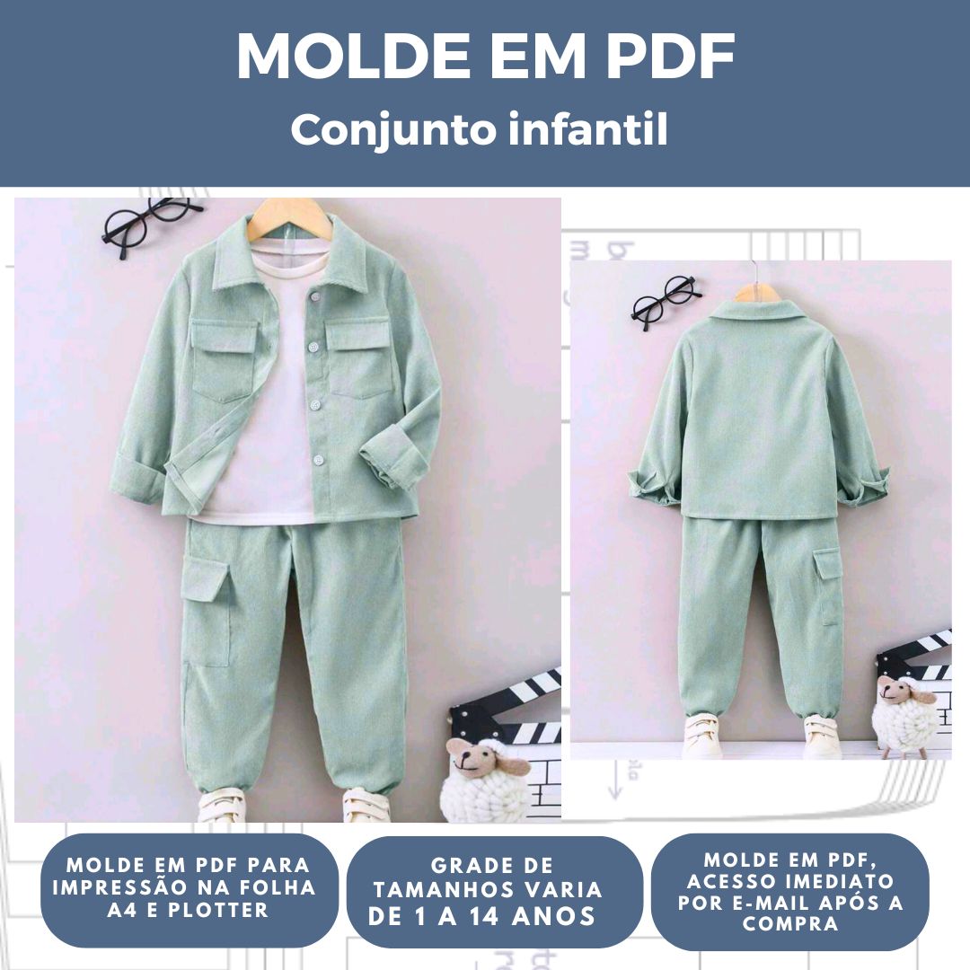 MOLDE CONJUNTO 3 PEÇAS (CAMISA, CAMISETA E CALÇA CARGO) REF 3017- GRADE DE 1 A 14 ANOS
