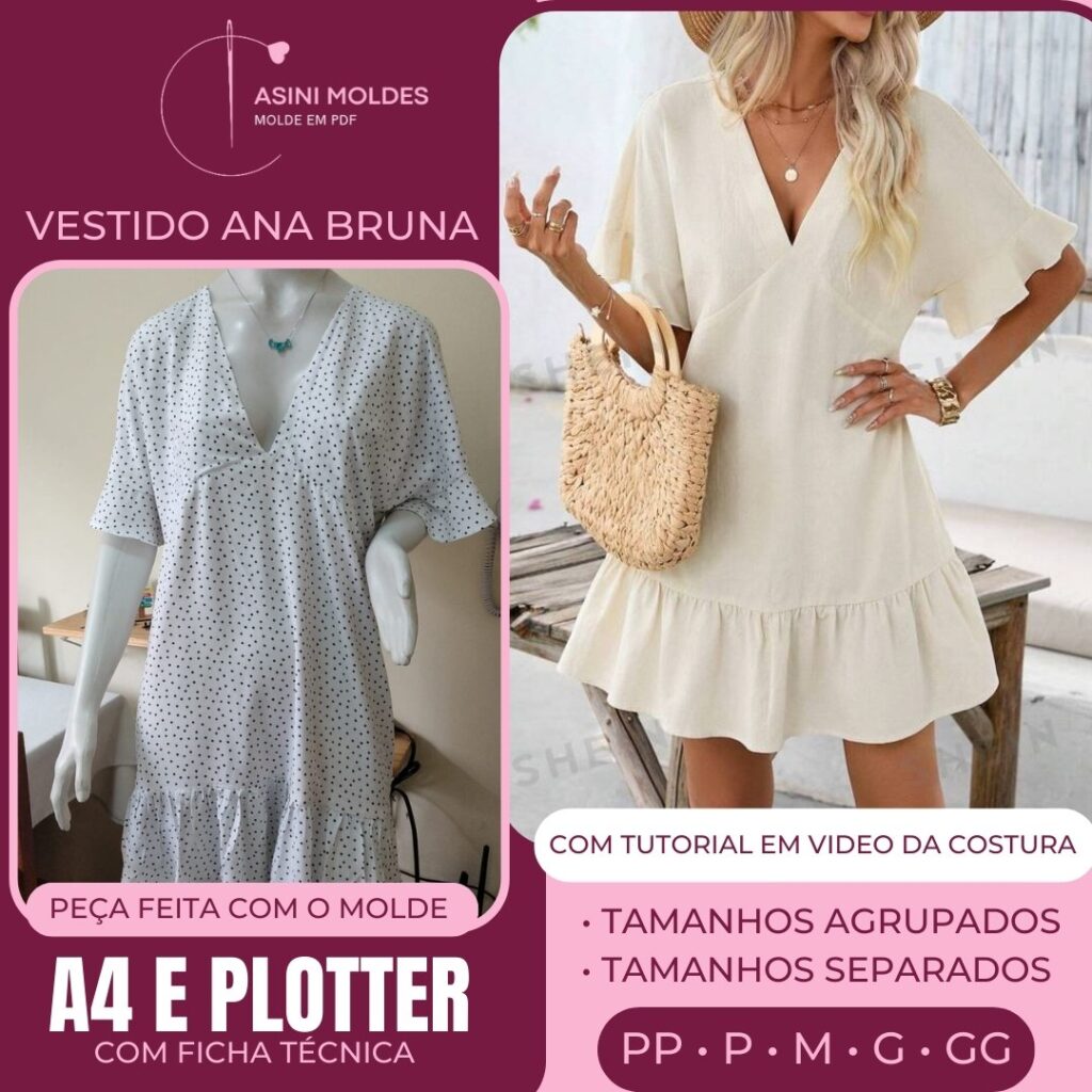 VESTIDO ANA BRUNA - Molde em PDF [ MOLDES SEPARADOS POR TAMANHOS ]
