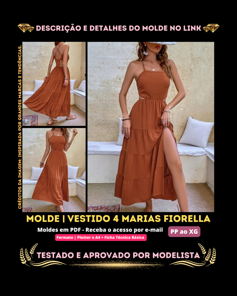 Molde em PDF - Vestido 4 Marias Fiorella (Vestido Estilo Casual Alça Fina Costas Nuas e Cruzado Atrás Cintura Alta e 4 Babados)