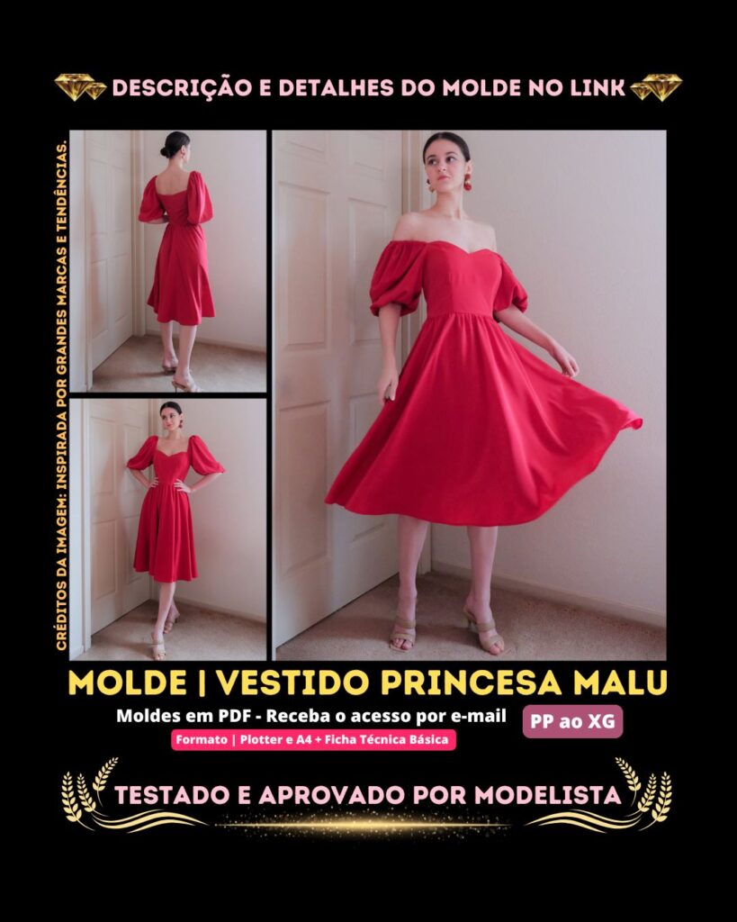 Molde em PDF - Vestido Princesa Malu (Vestido Estilo Casual Decote em Coração Manga Bufante Ombro a Ombro com Zíper nas Costas)