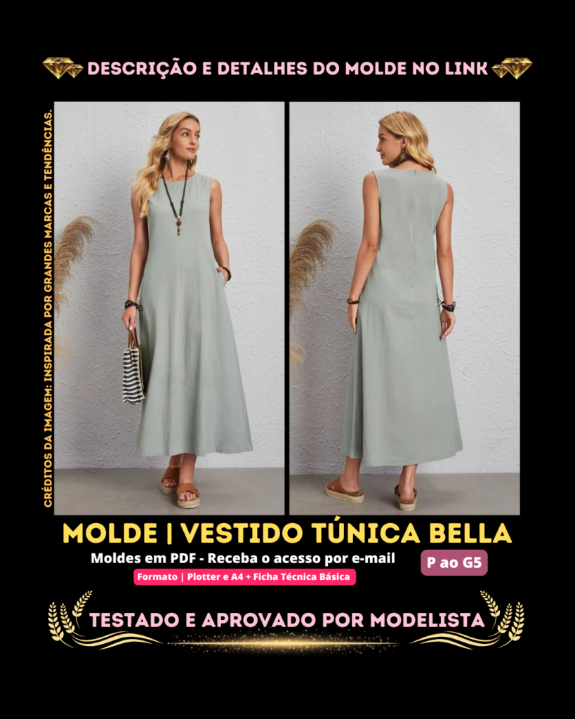 Molde em PDF - Vestido Túnica Bella (Vestido Túnica Estilo Casual Sem Mangas Longo com Bolso)⁣