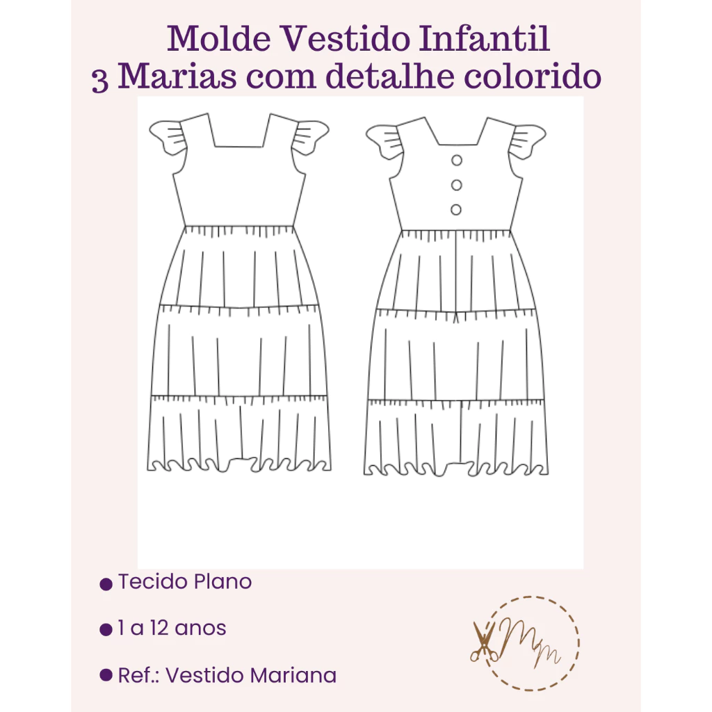 molde vestido infantil 3 marias com detalhes coloridos 1 a 12 anos ref mariana