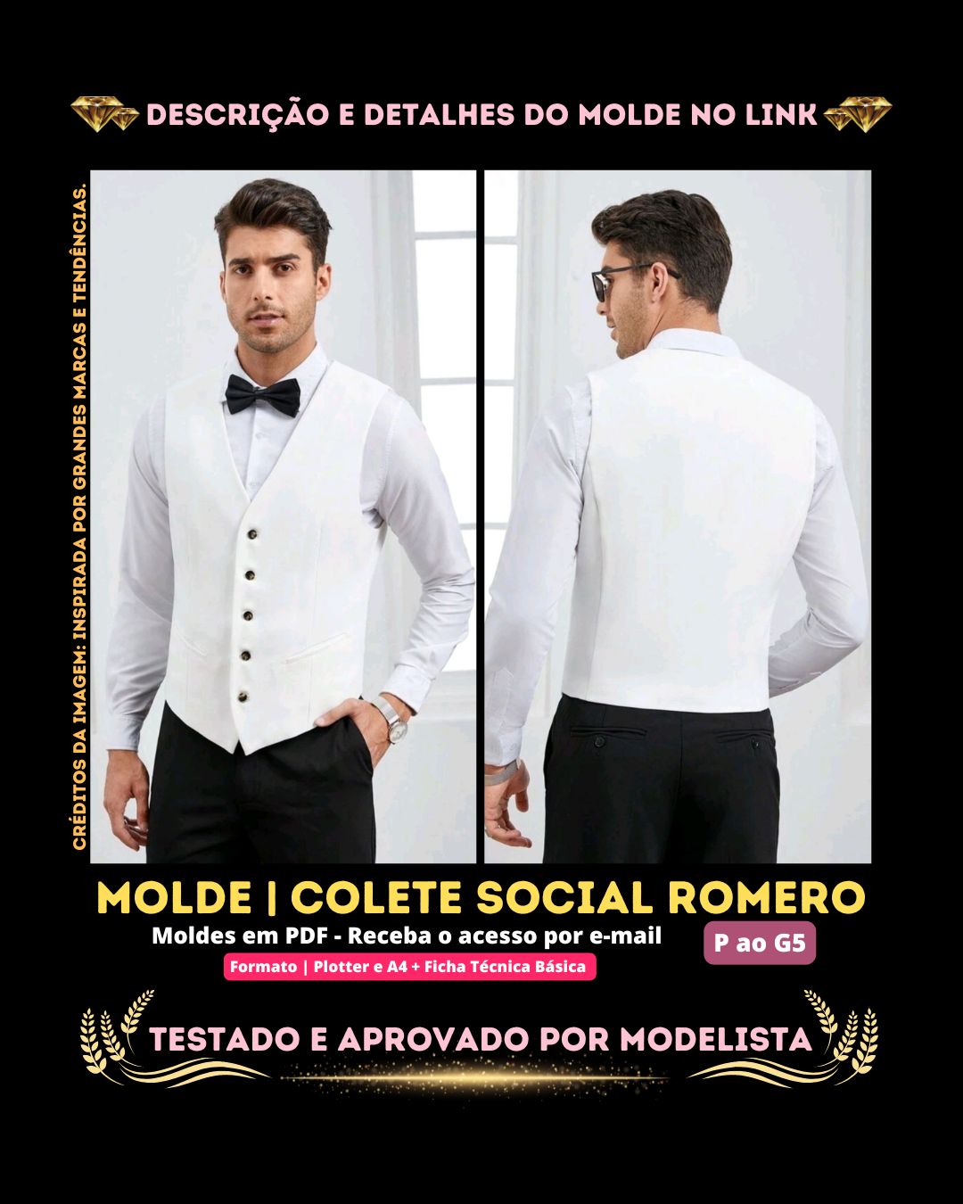 Molde em PDF - Colete Social Romero (Colete Estilo Casual Gola em V com Botões na Frente)