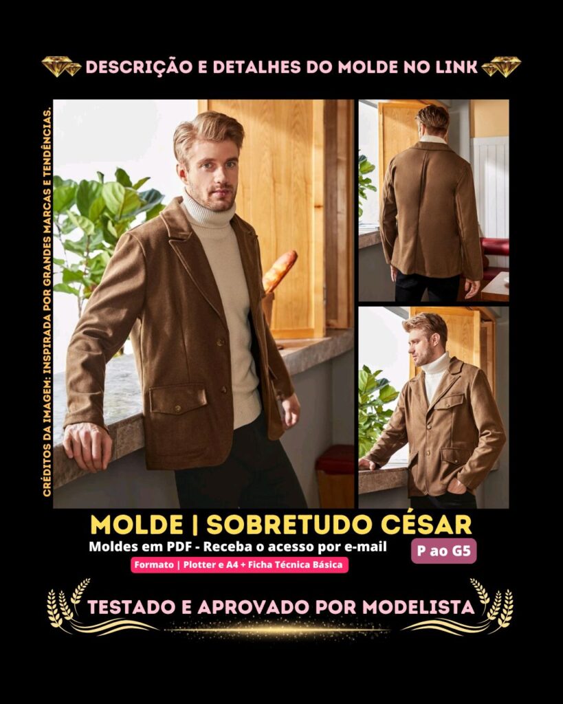 Molde em PDF - Sobretudo César (Sobretudo Estilo Casual Gola Lapela de Blazer com Bolsos e Botões na Frente Manga Comprida)