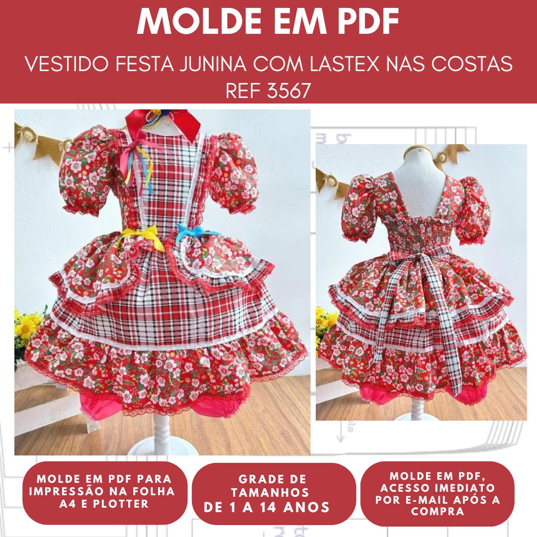 MOLDE VESTIDO DE FESTA JUNINA REF 3567 - GRADE 1 A 14 ANOS
