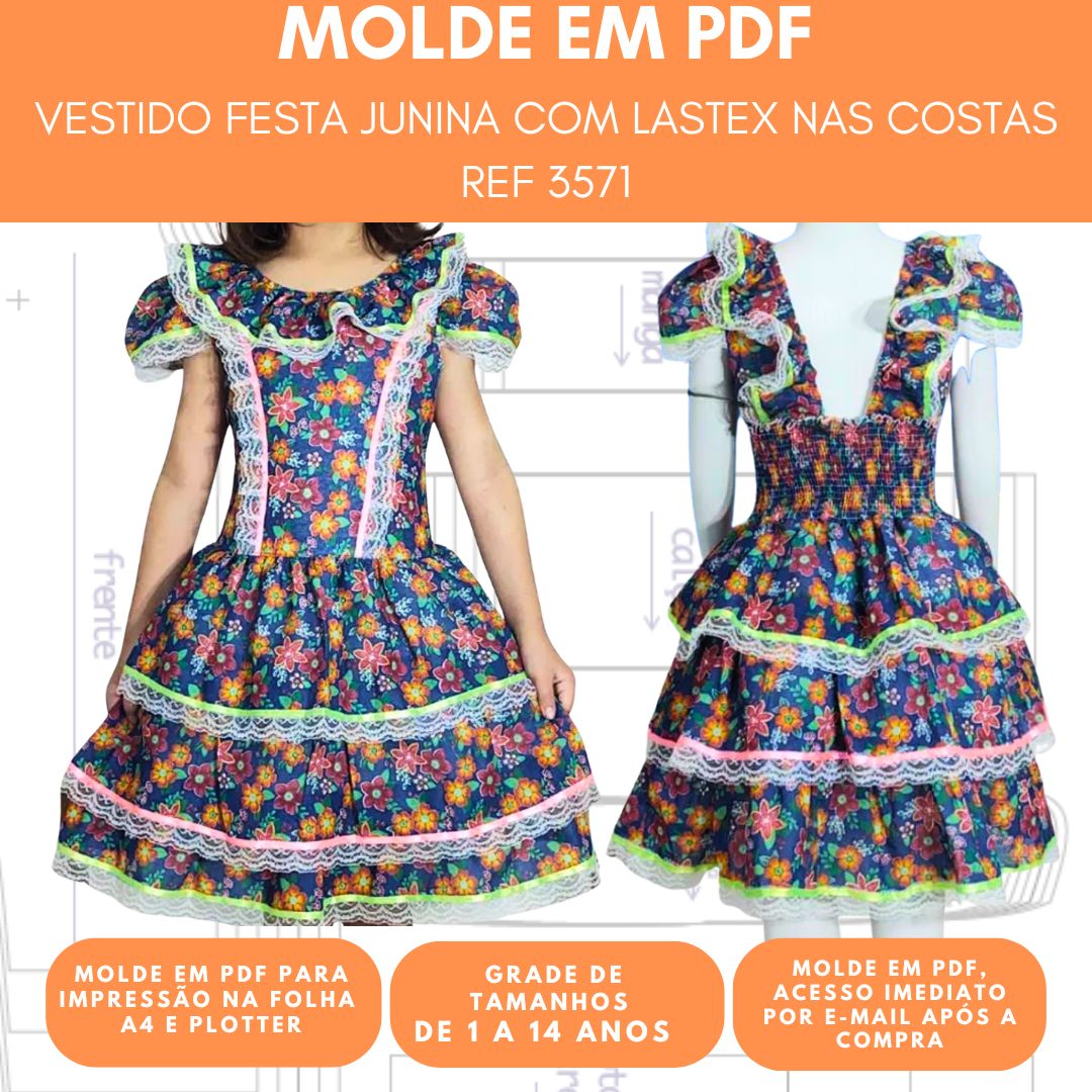 MOLDE VESTIDO DE FESTA JUNINA REF 3571 - GRADE 1 A 14 ANOS