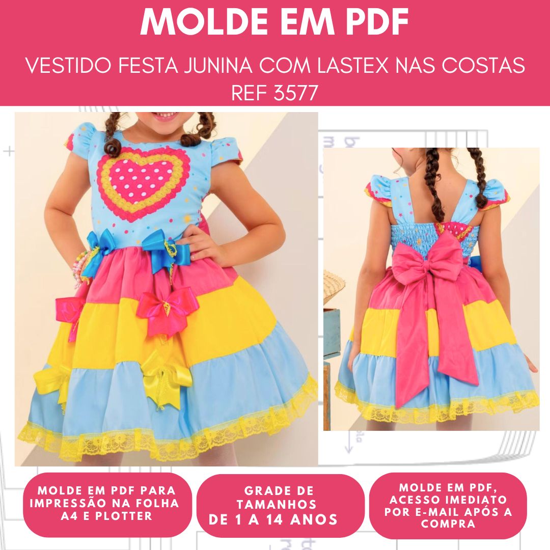 MOLDE VESTIDO DE FESTA JUNINA REF 3577 - GRADE 1 A 14 ANOS