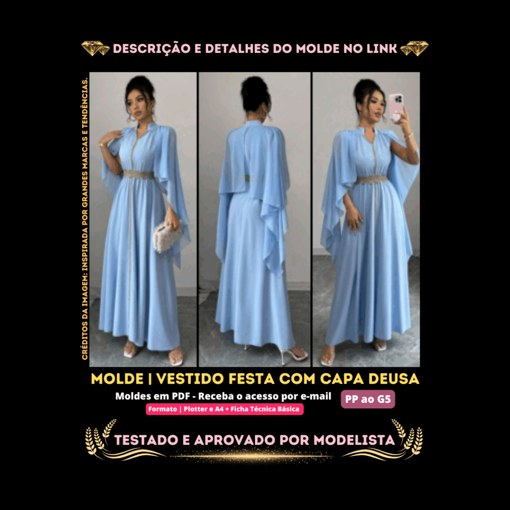 Vestido Festa com Capa Deusa – Molde em PDF do PP ao G5 para Costurar e ...