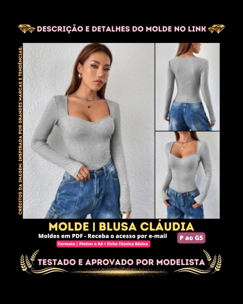 Molde em PDF - Blusa Cláudia (Blusa Estilo Casual Decote em Coração Mangas Compridas)